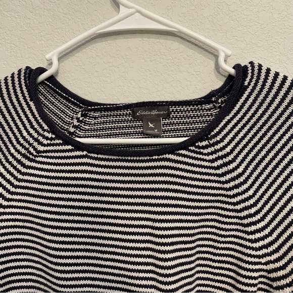 Eddie Bauer Navy Blue and White Striped Knit Oversized Coastal Sweater Medium - Picture 3 of 10